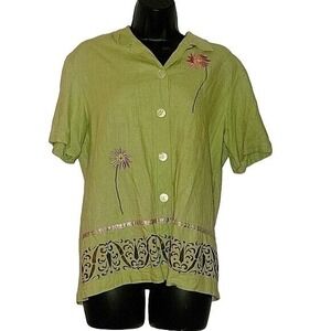 SWEET JESSIE Vintage Linen Blend‎ Pearl Buttons Embroidered Button Down Top 6